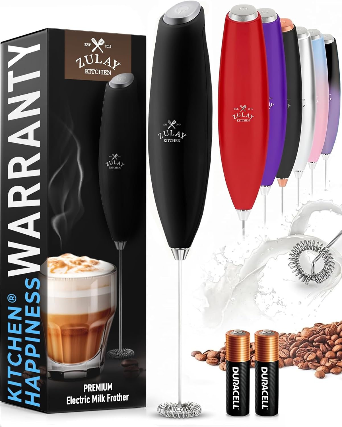 Zulay Kitchen Handheld Milk Frother, Black