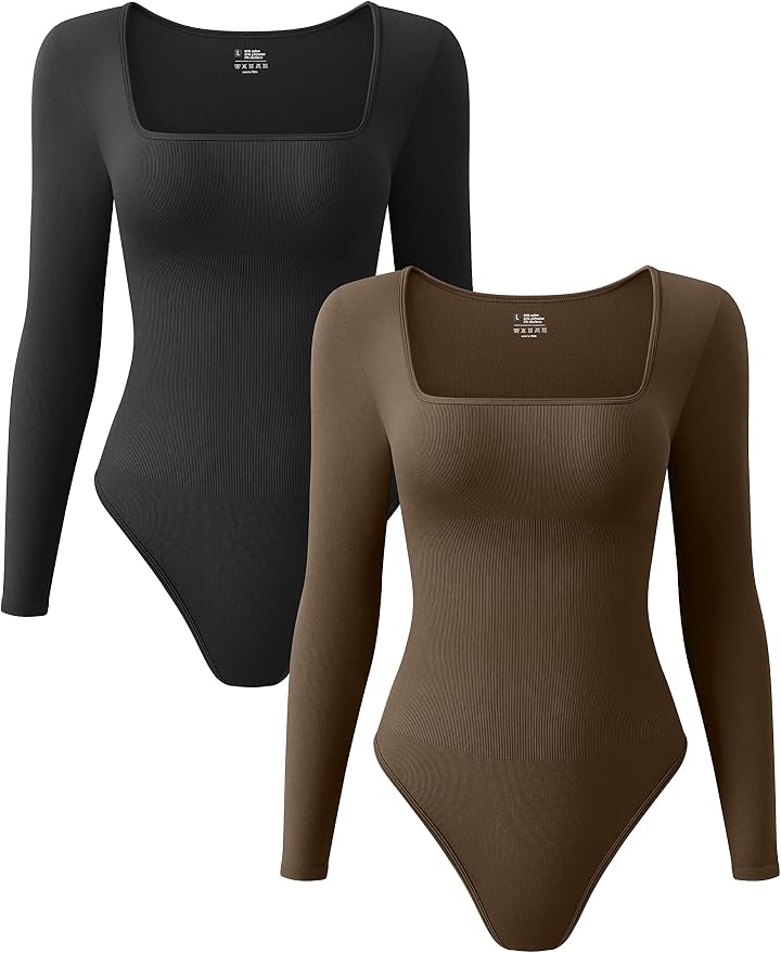 OQQ Women’s Ribbed Square-Neck Long Sleeve Bodysuits, 2-Pack