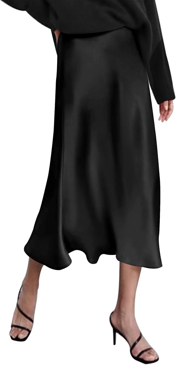 Zeagoo Women’s High-Waisted Satin Midi Skirt