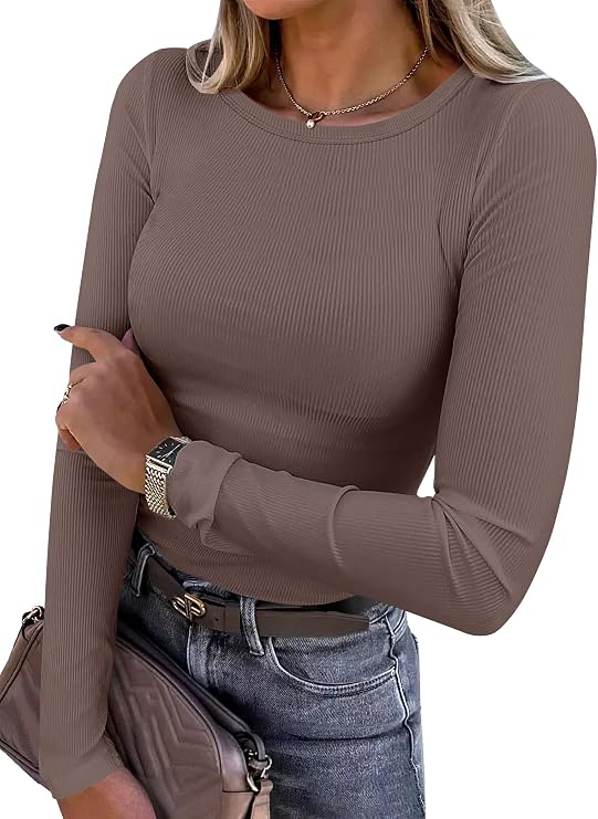 ANRABESS Women’s Ribbed Long Sleeve Shirt, Coffee, X-Small
