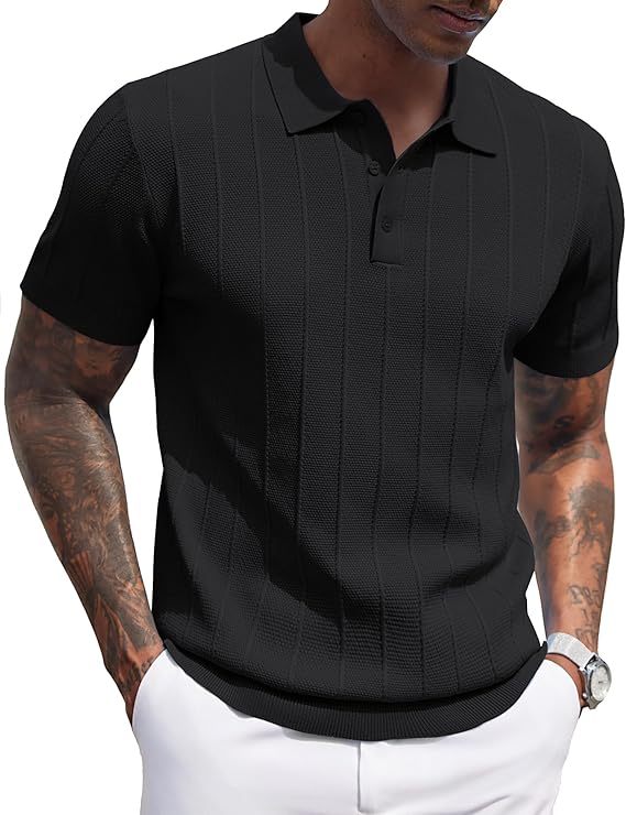 COOFANDY Men’s Ribbed Textured Knit Polo Shirt